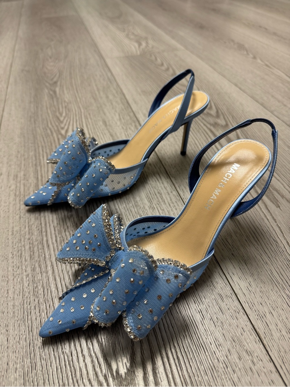 MACH & MACH Blue Embellished Bow Pointed-Toe Slingback Heels